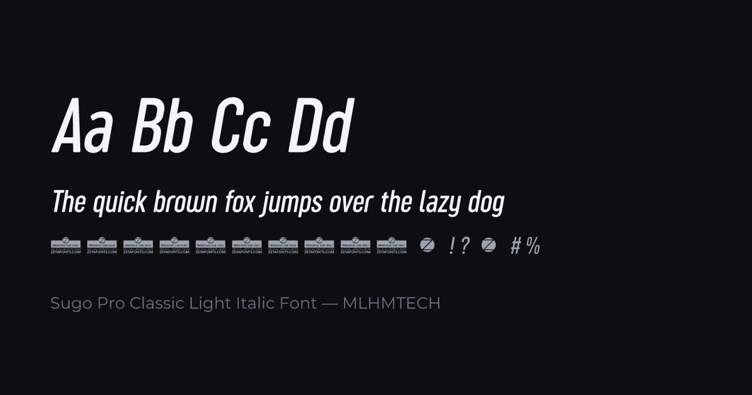 Sugo Pro Classic Light Italic Font typeface specimen — alphabet and sample text