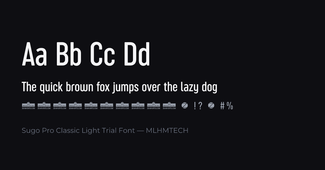 Sugo Pro Classic Light Trial Font typeface specimen — alphabet and sample text