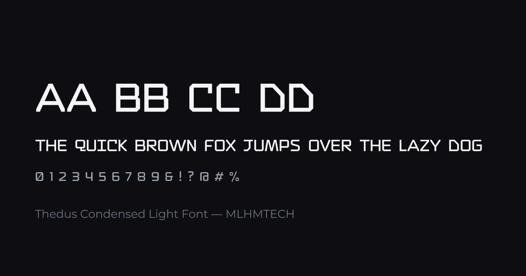 Thedus Condensed Light Font typeface specimen — alphabet and sample text