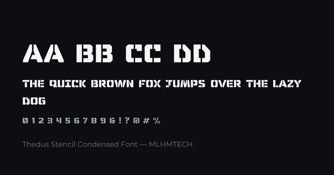 Thedus Stencil Condensed Font typeface specimen — alphabet and sample text