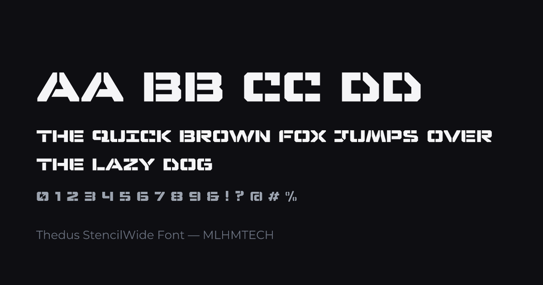Thedus StencilWide Font typeface specimen — alphabet and sample text