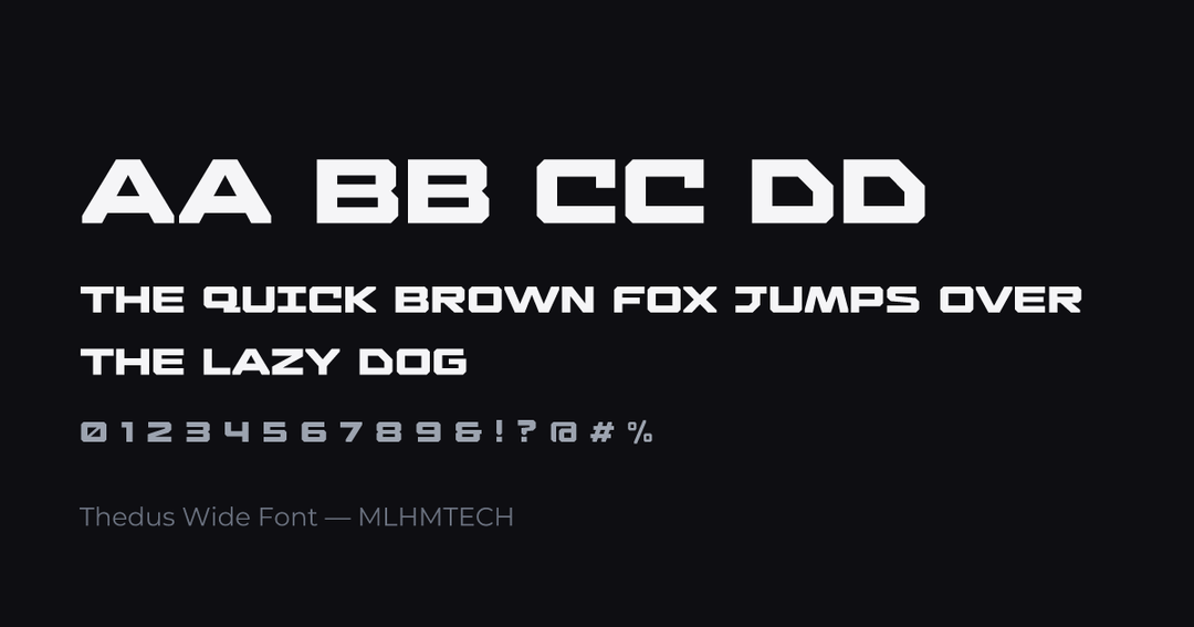 Thedus Wide Font typeface specimen — alphabet and sample text