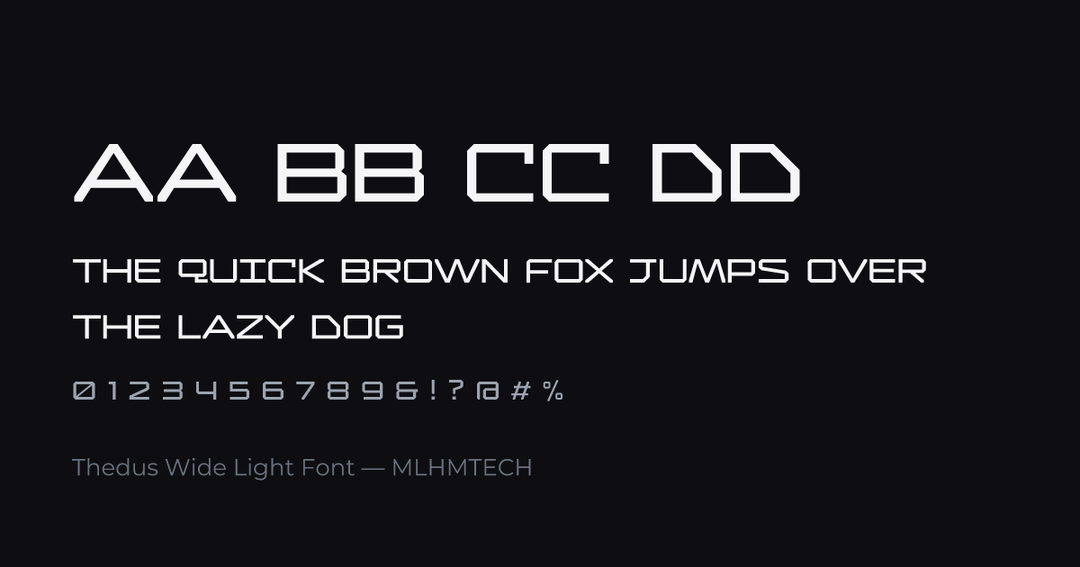 Thedus Wide Light Font typeface specimen — alphabet and sample text