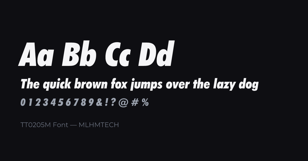 TT0205M Font typeface specimen — alphabet and sample text