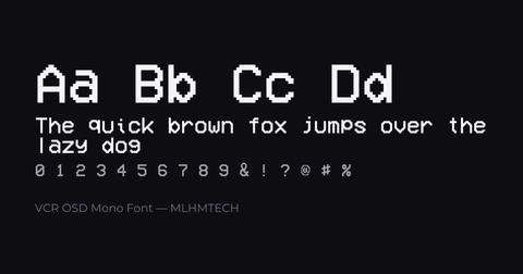 VCR OSD Mono Font typeface specimen — alphabet and sample text