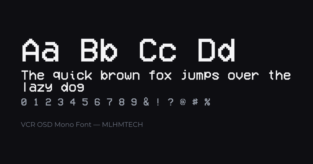 VCR OSD Mono Font typeface specimen — alphabet and sample text