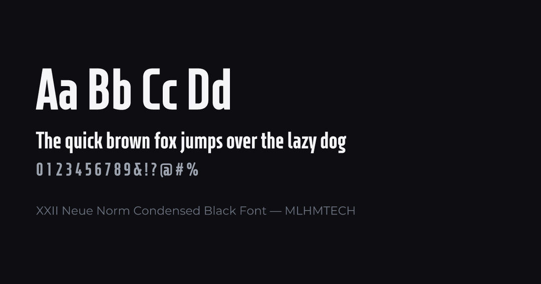 XXII Neue Norm Condensed Black Font typeface specimen — alphabet and sample text