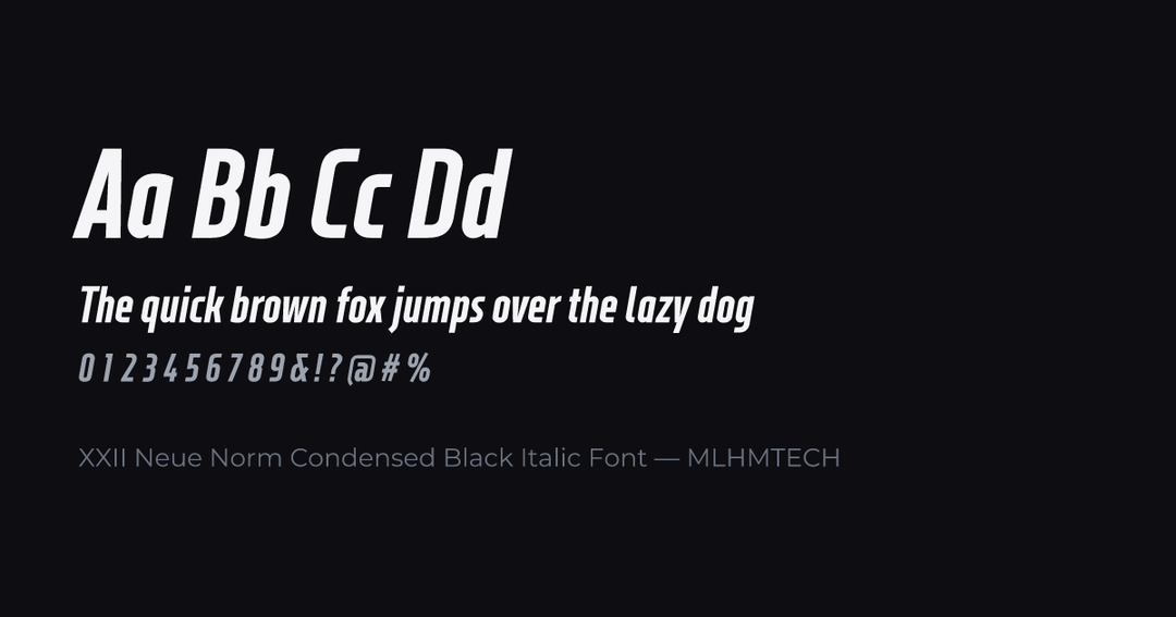 XXII Neue Norm Condensed Black Italic Font typeface specimen — alphabet and sample text