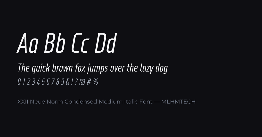 XXII Neue Norm Condensed Medium Italic Font typeface specimen — alphabet and sample text