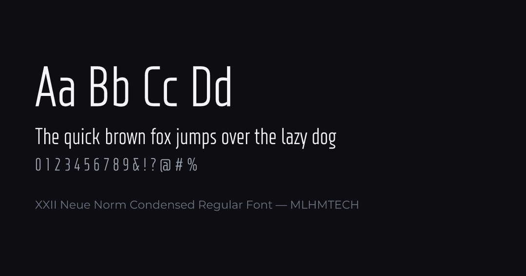 XXII Neue Norm Condensed Regular Font typeface specimen — alphabet and sample text